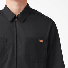 "Mixed Media Zip Front Short Sleeve Work Shirt"
