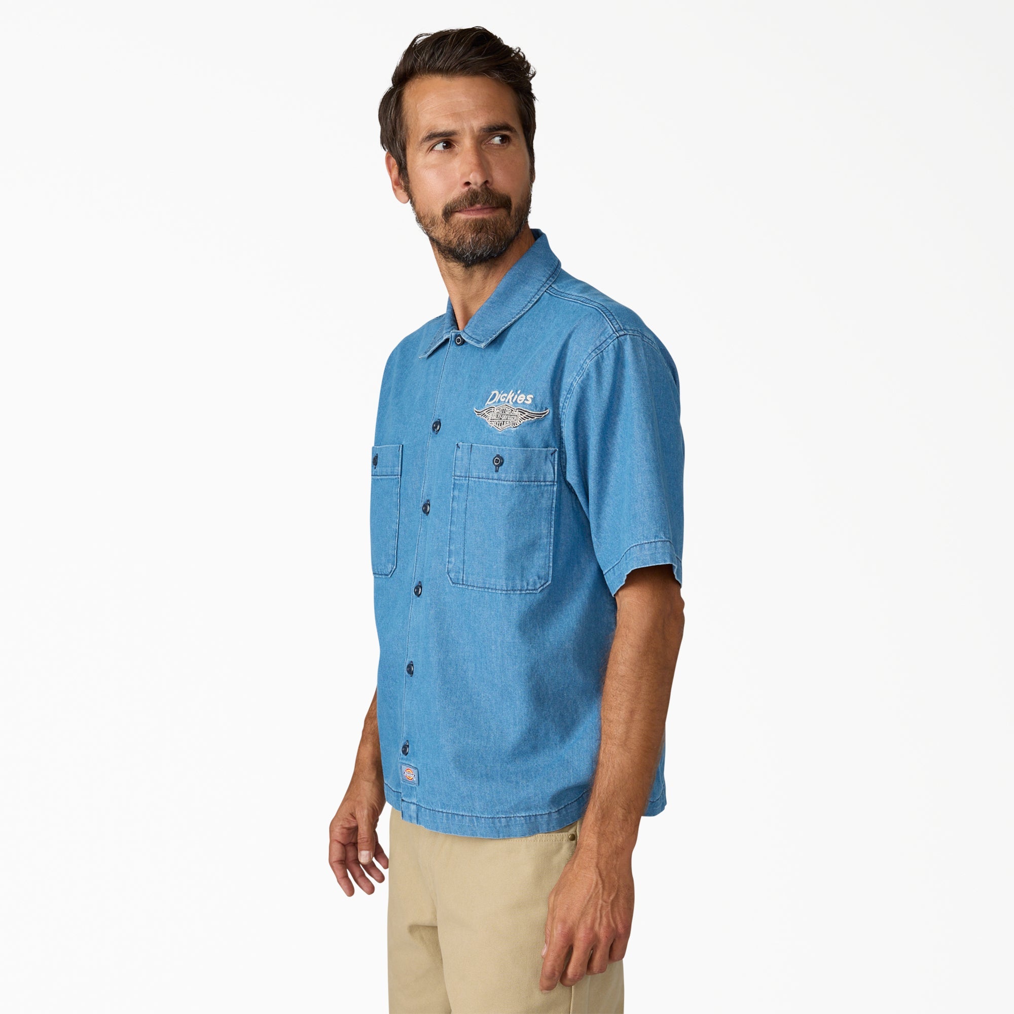 "Dickies x Harley-Davidson® Boxy Fit Chambray Embroidered Work Shirt"