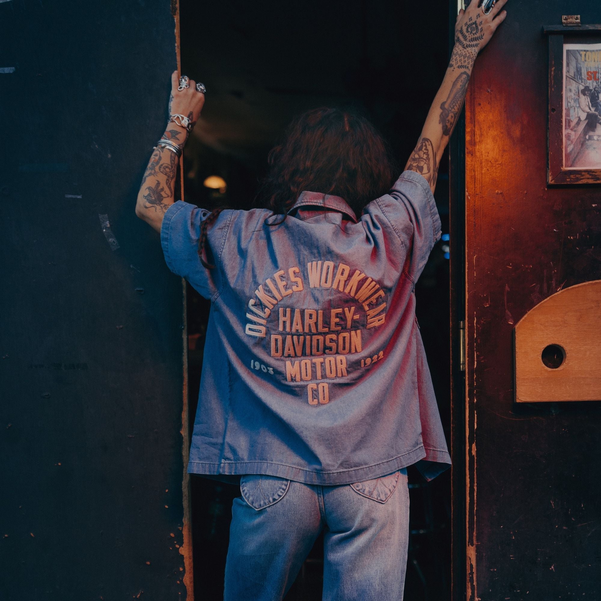 "Dickies x Harley-Davidson® Boxy Fit Chambray Embroidered Work Shirt"