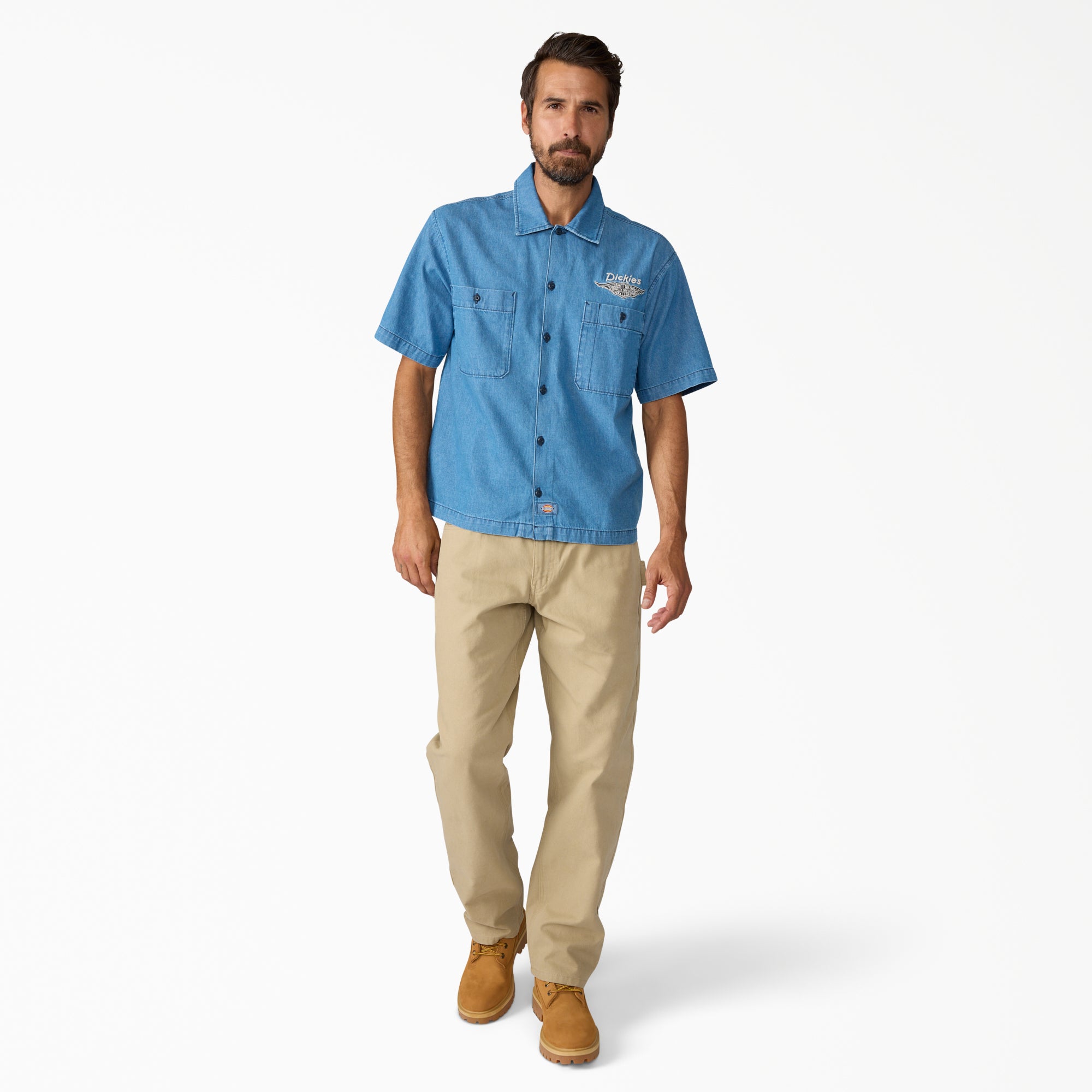 "Dickies x Harley-Davidson® Boxy Fit Chambray Embroidered Work Shirt"
