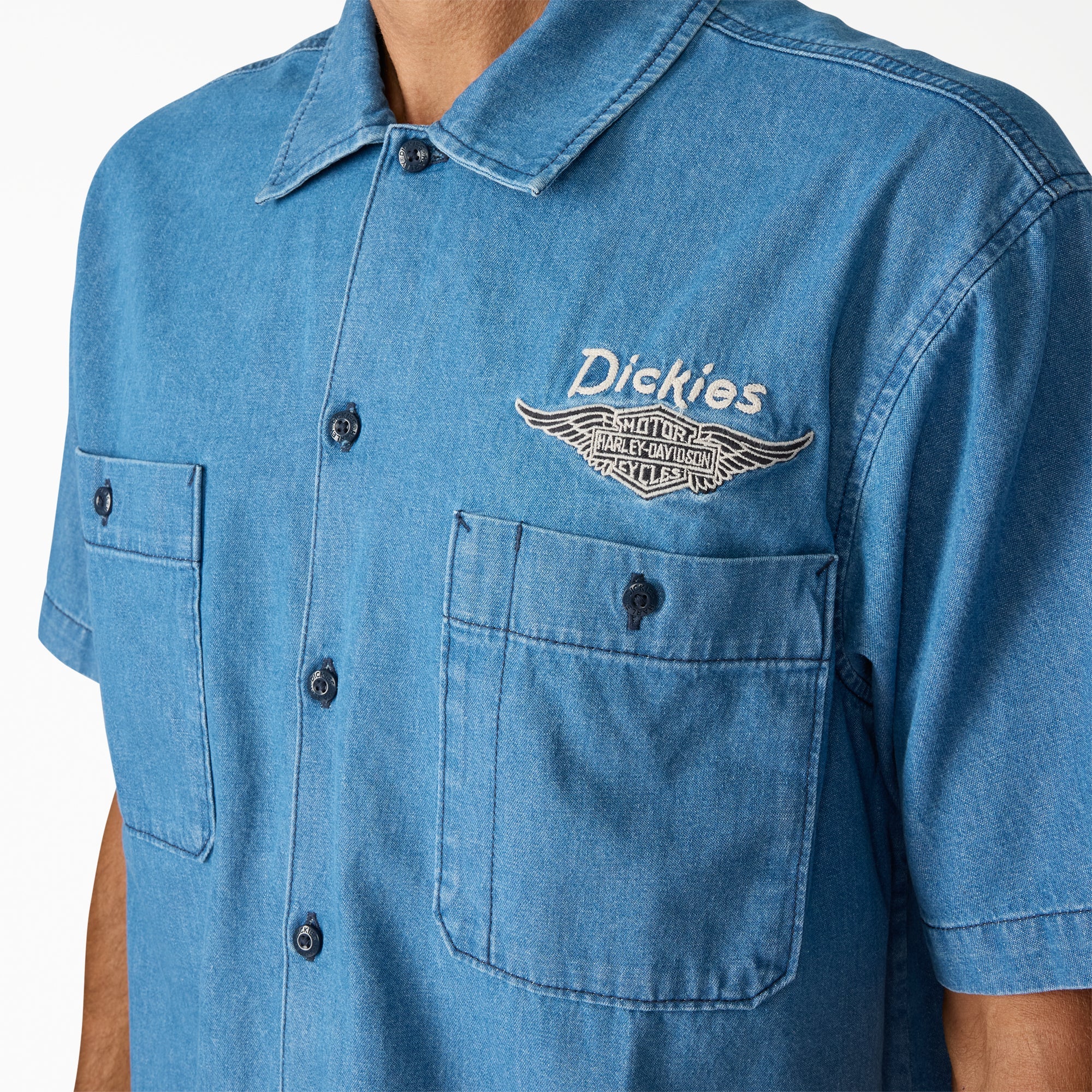 "Dickies x Harley-Davidson® Boxy Fit Chambray Embroidered Work Shirt"