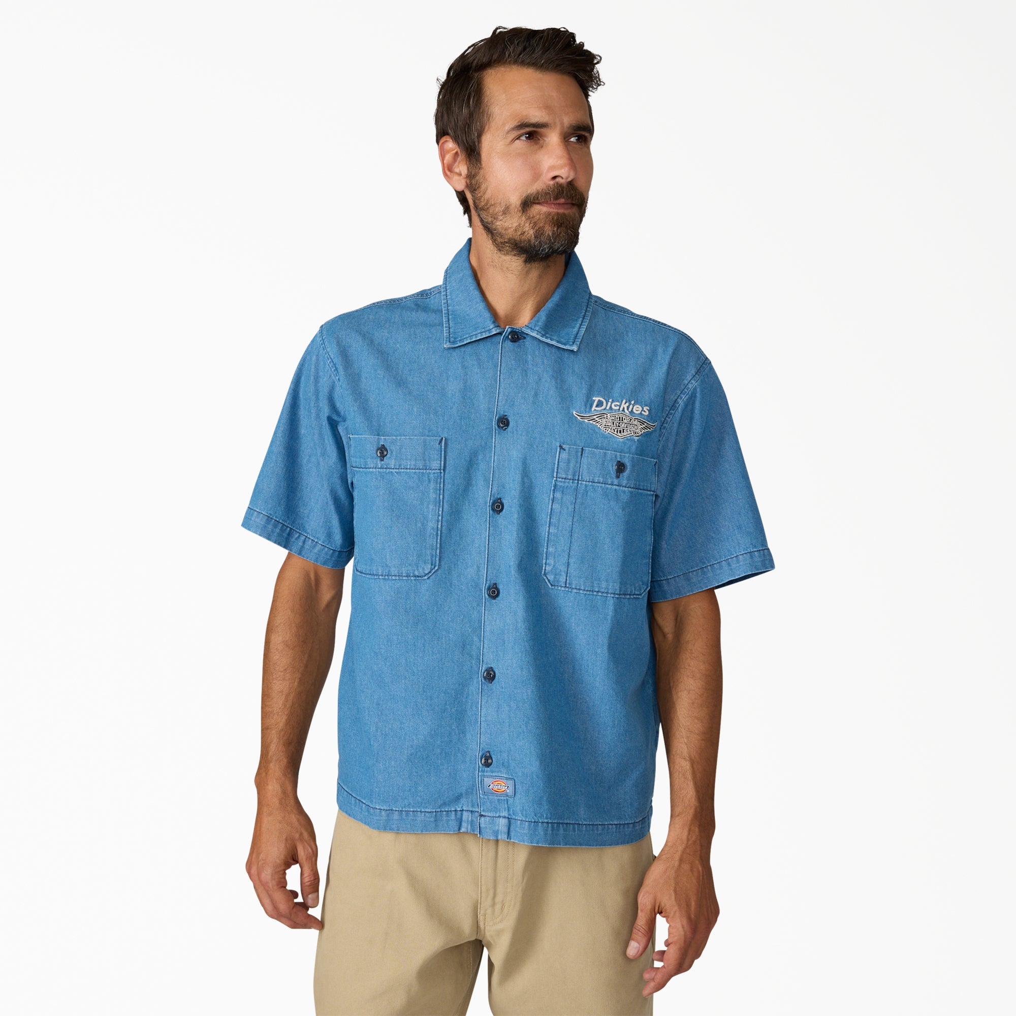 "Dickies x Harley-Davidson® Boxy Fit Chambray Embroidered Work Shirt"