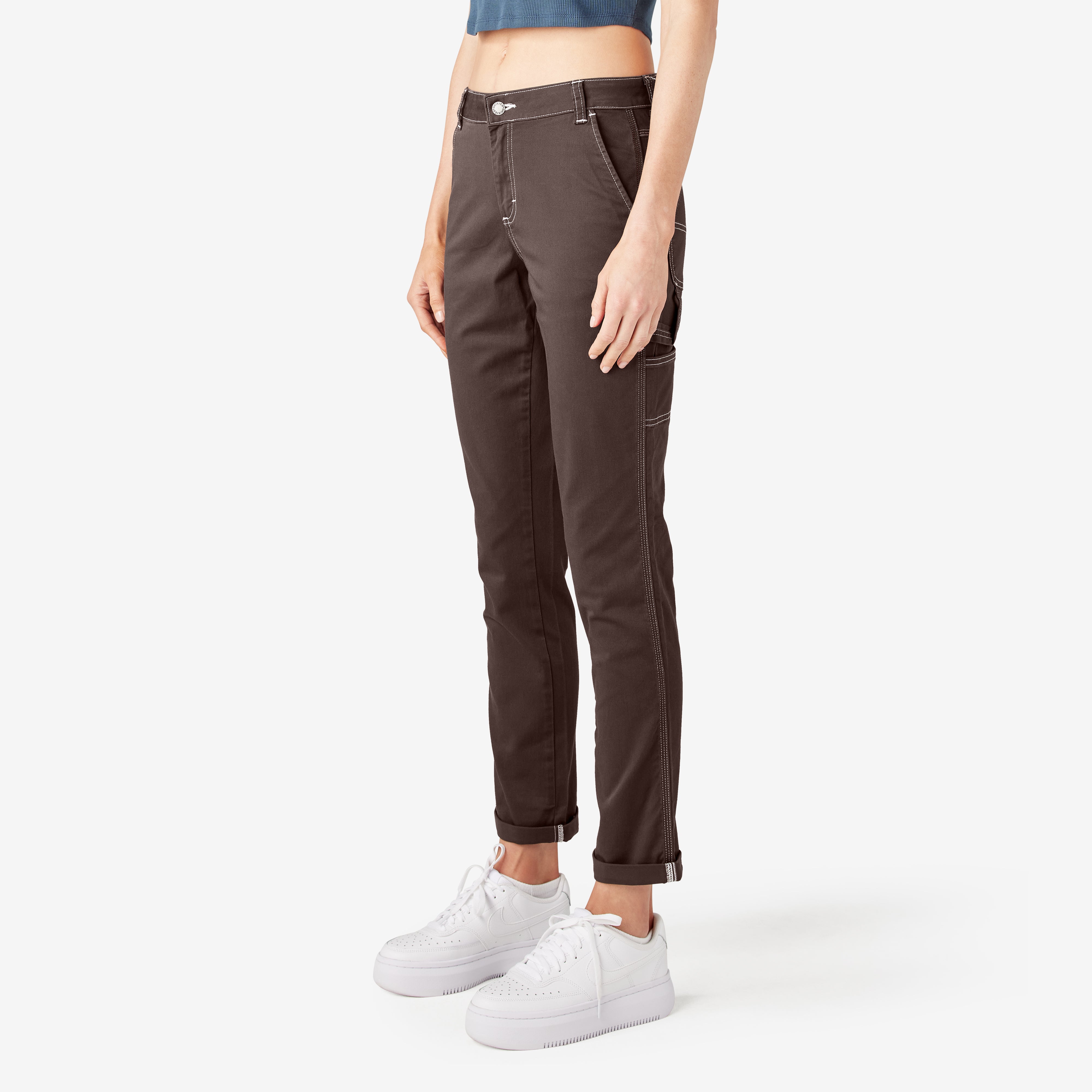 "Women's Slim Straight Fit Roll Hem Carpenter Pants"