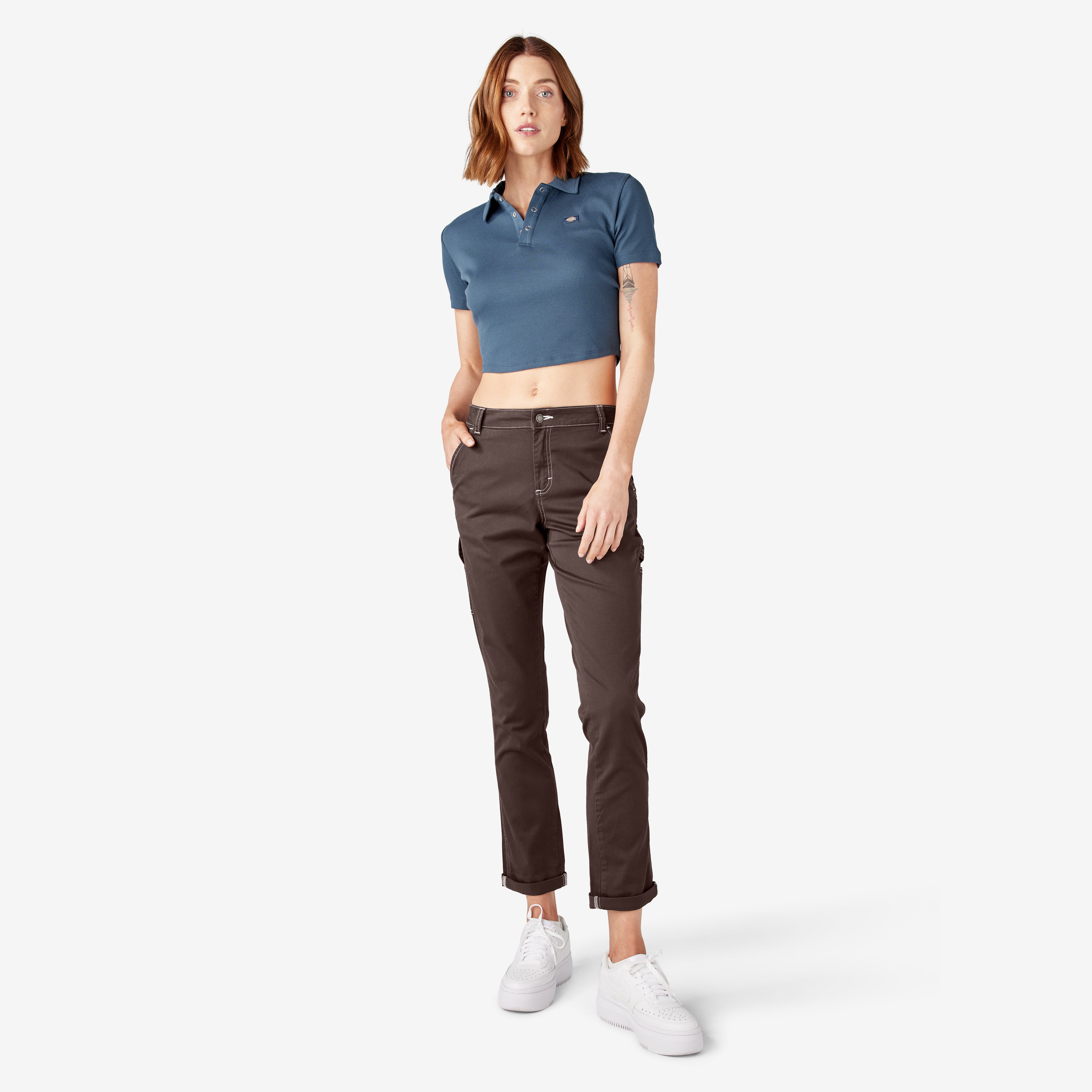 "Women's Slim Straight Fit Roll Hem Carpenter Pants"