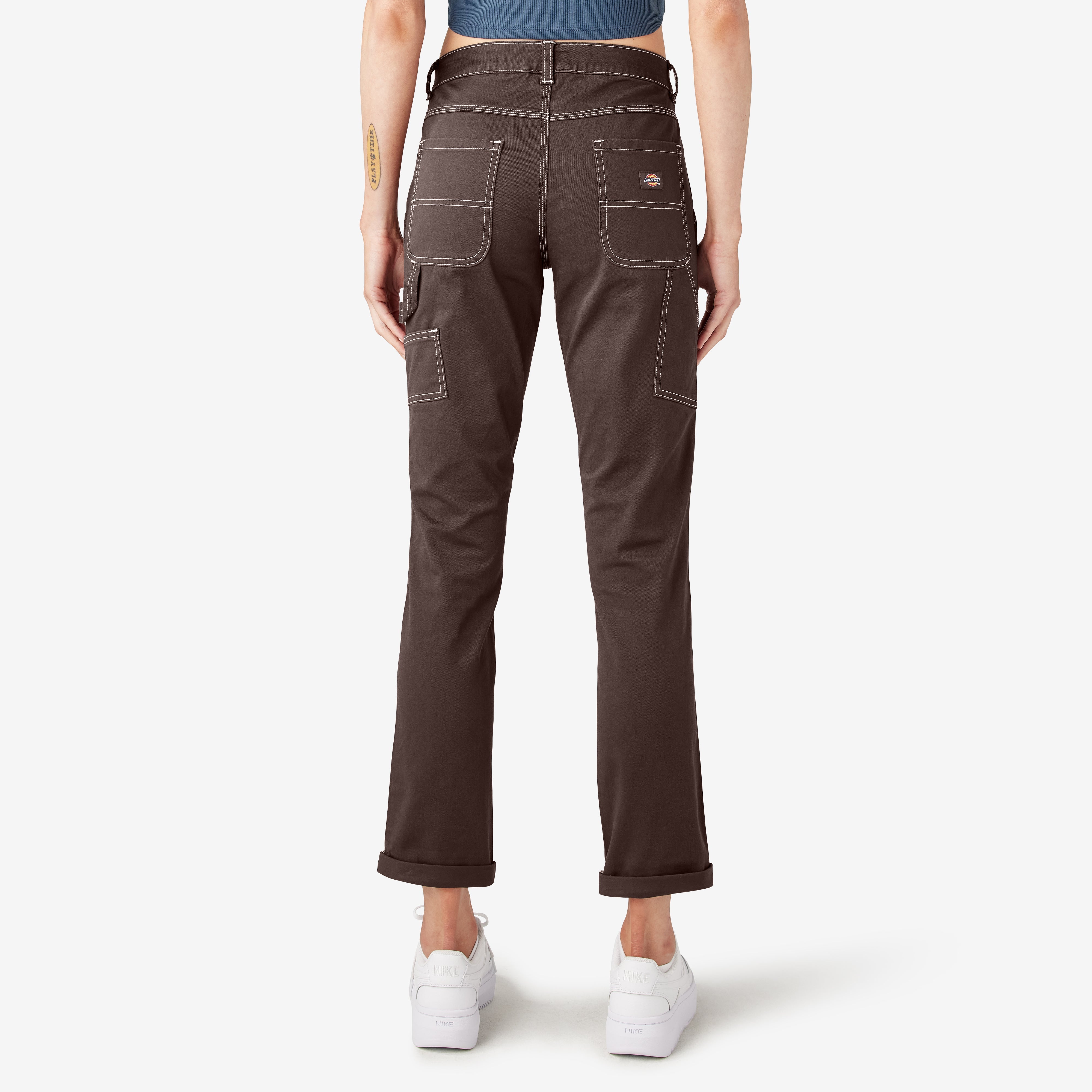 "Women's Slim Straight Fit Roll Hem Carpenter Pants"
