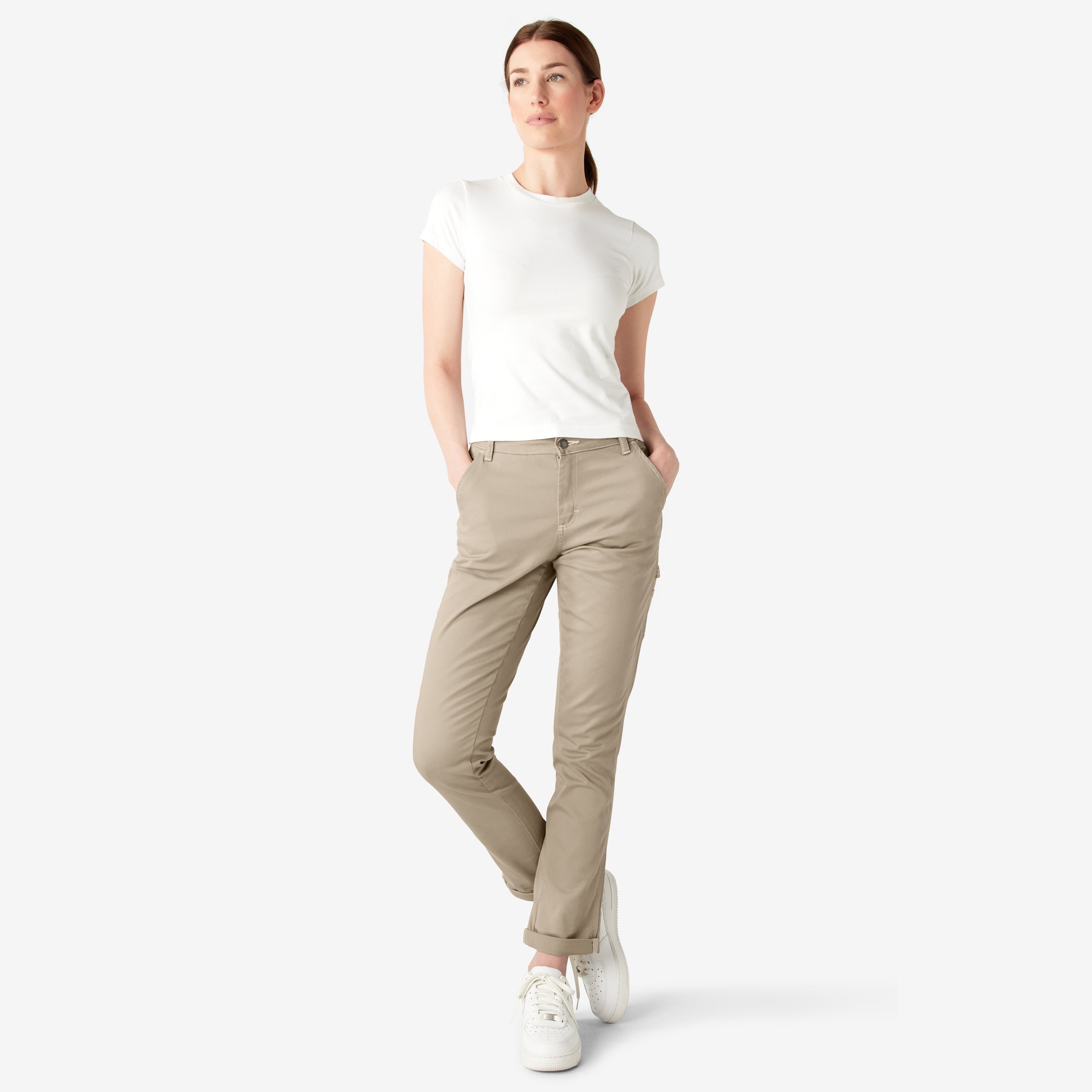 "Women's Slim Straight Fit Roll Hem Carpenter Pants"