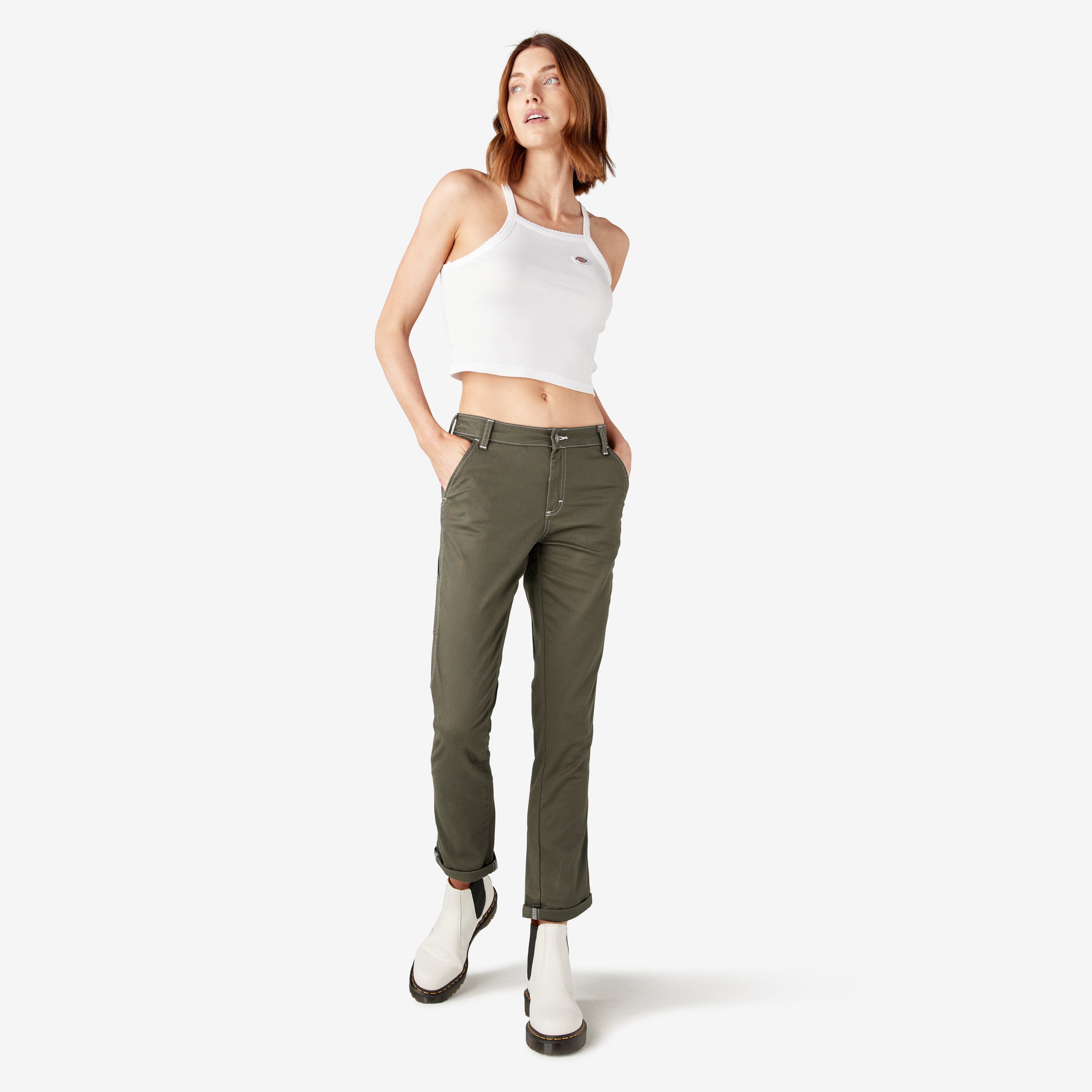 "Women's Slim Straight Fit Roll Hem Carpenter Pants"