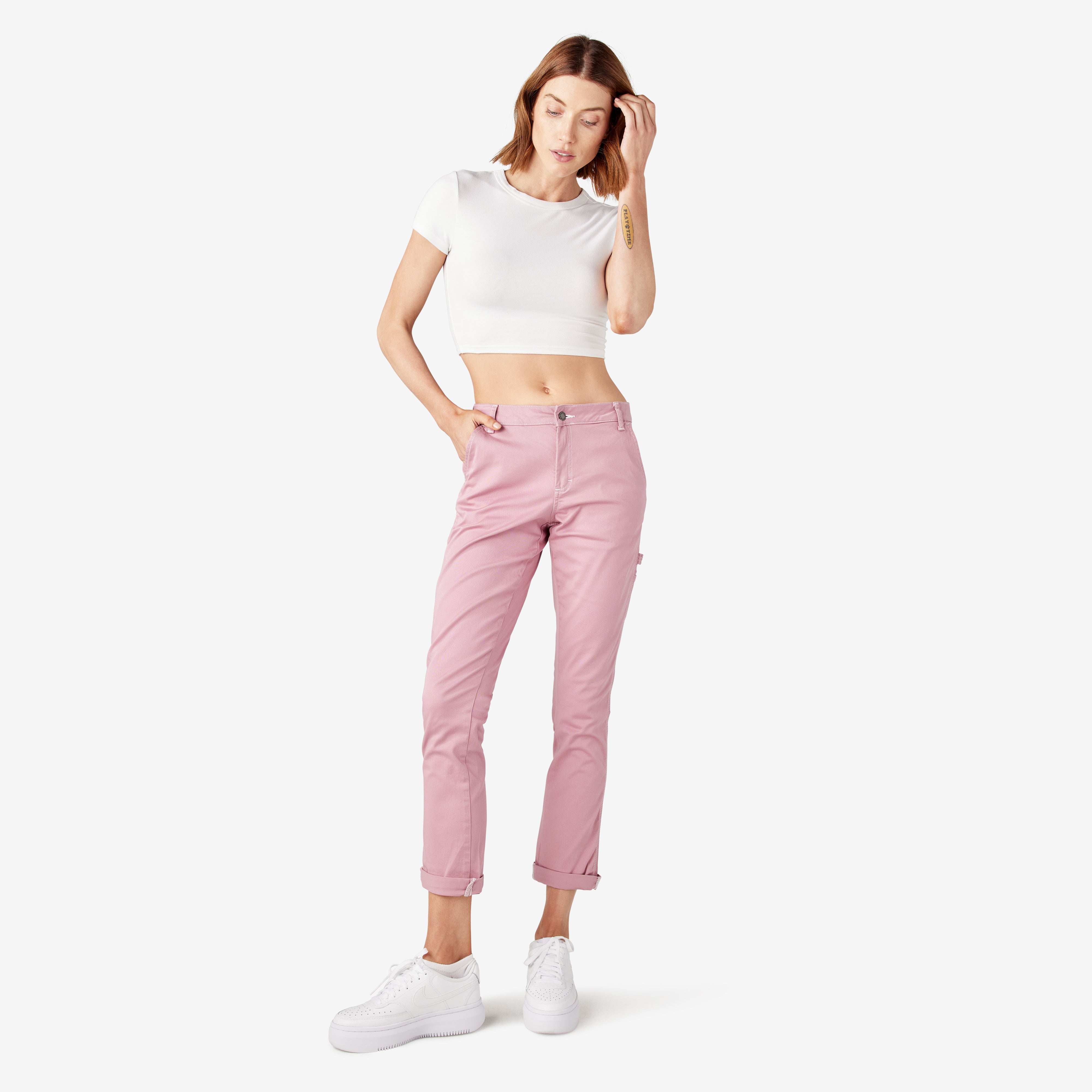 "Women's Slim Straight Fit Roll Hem Carpenter Pants"