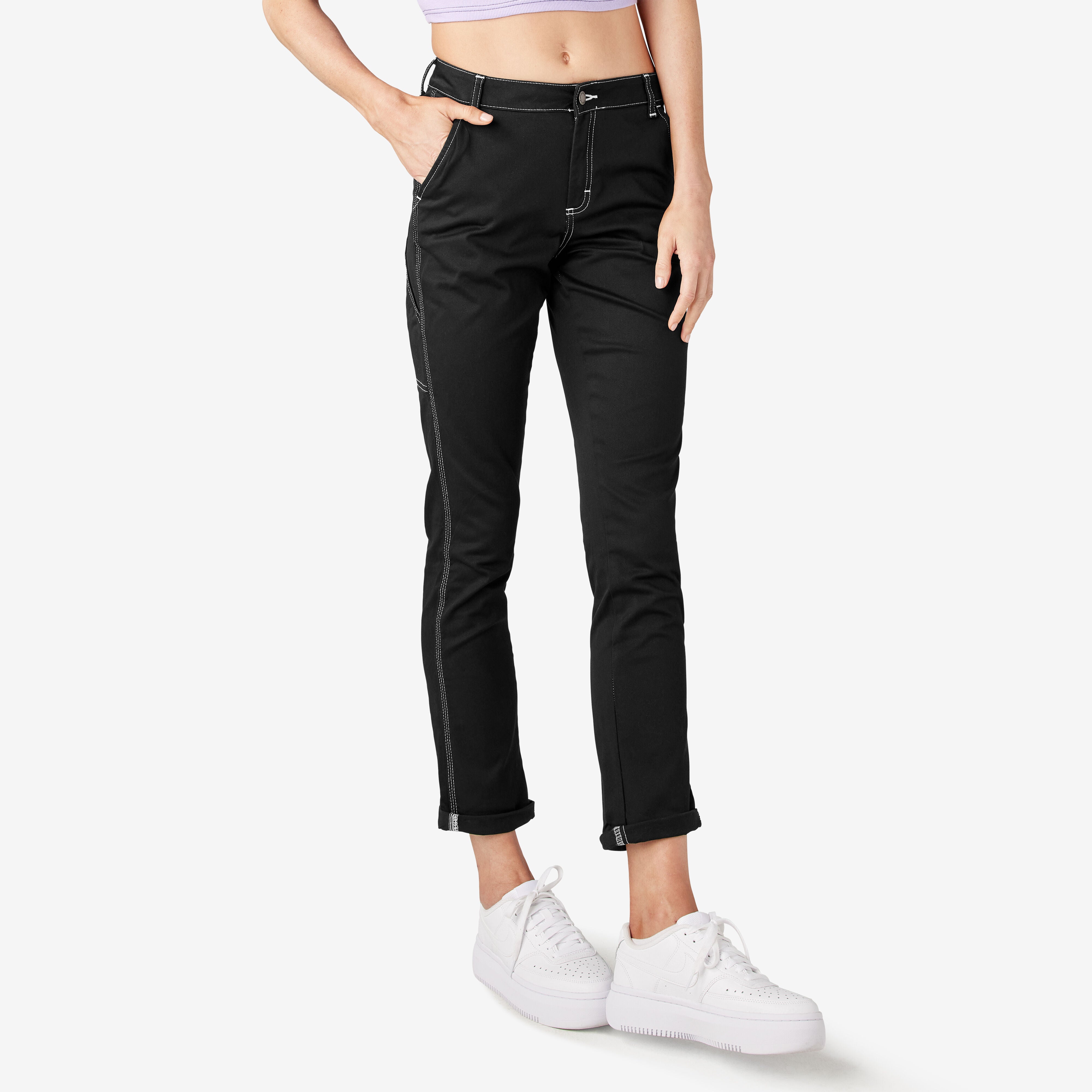 "Women's Slim Straight Fit Roll Hem Carpenter Pants"