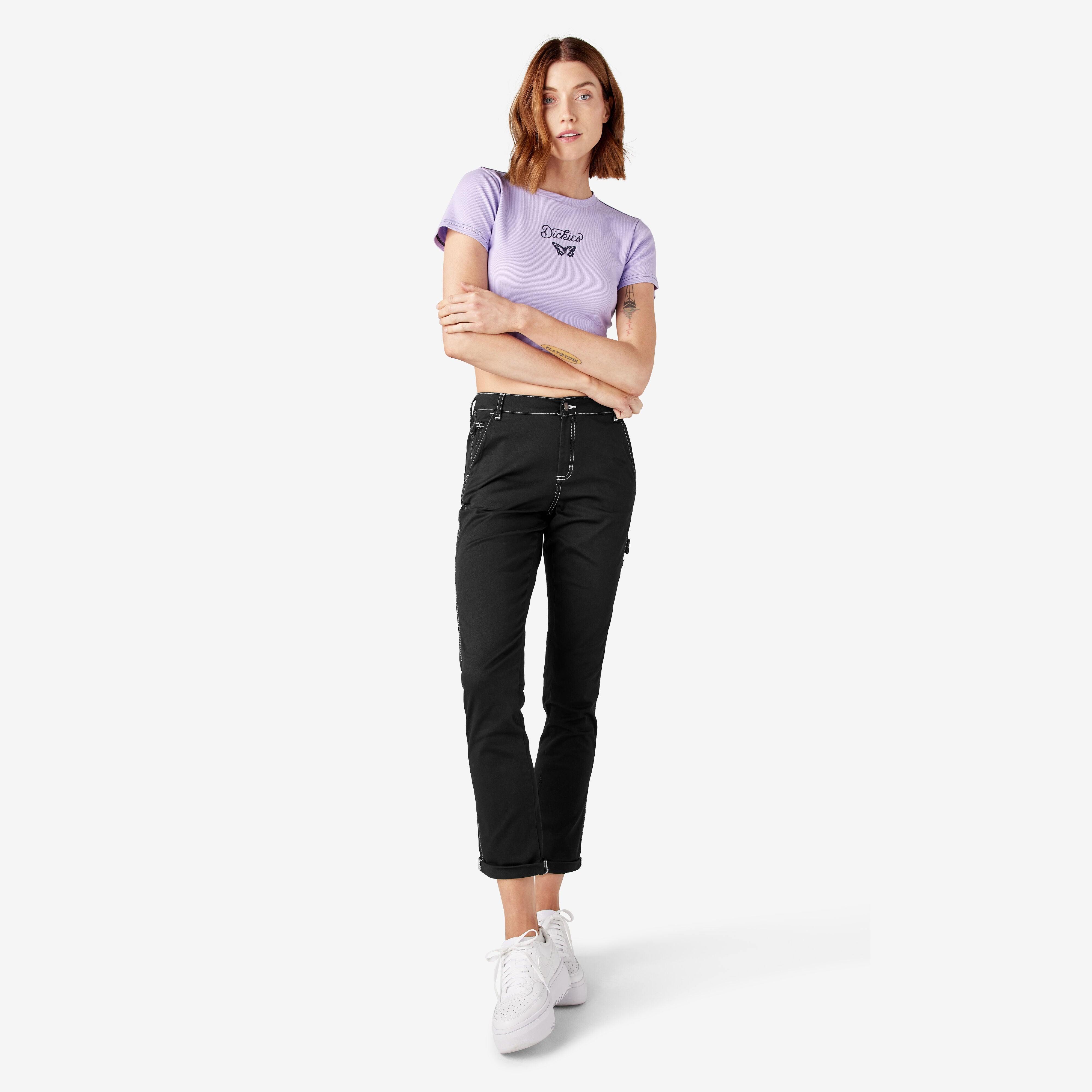 "Women's Slim Straight Fit Roll Hem Carpenter Pants"