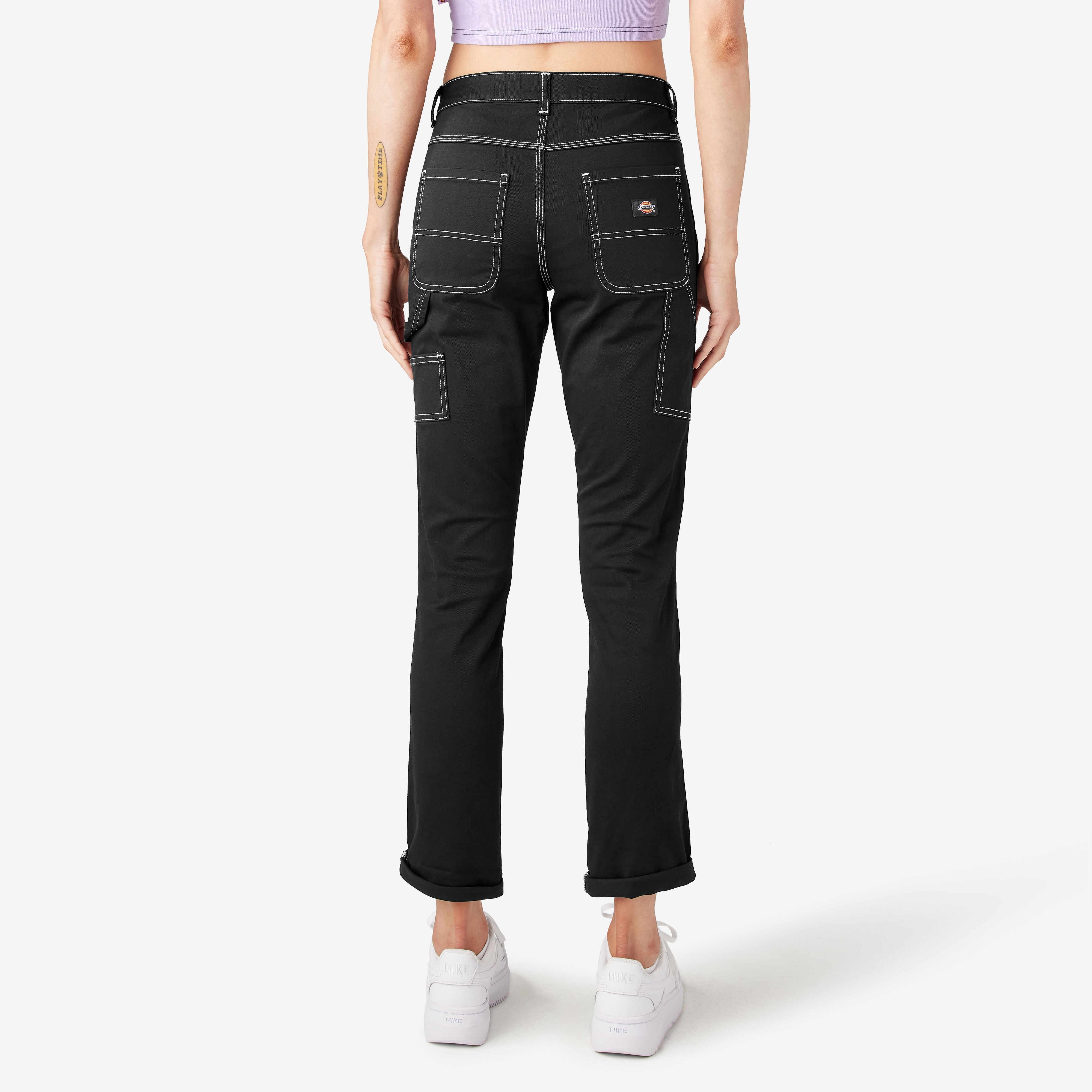 "Women's Slim Straight Fit Roll Hem Carpenter Pants"