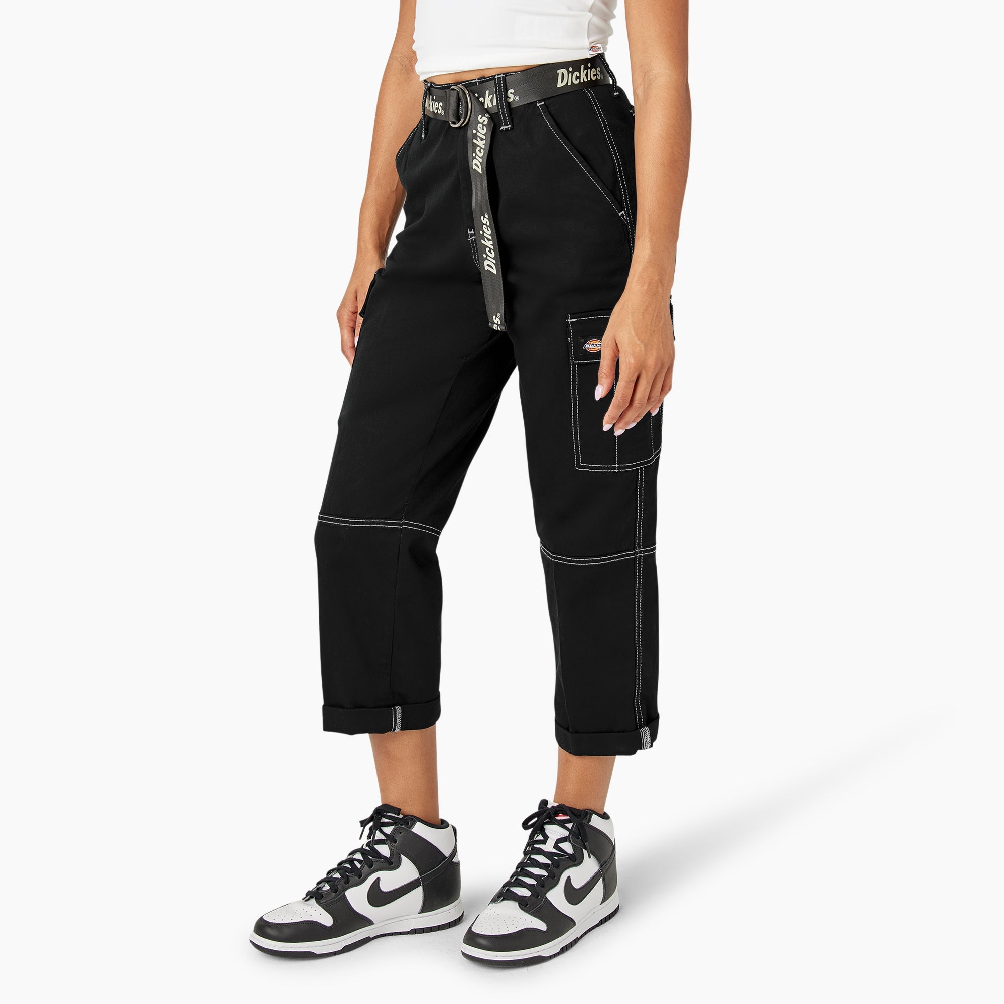 "Women's Relaxed Fit Contrast Stitch Cropped Cargo Pants"