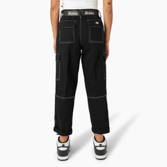 "Women's Relaxed Fit Contrast Stitch Cropped Cargo Pants"