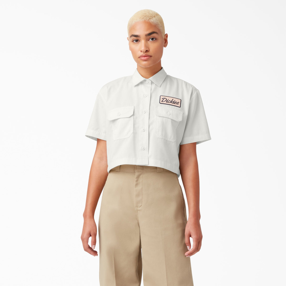 "Women's Embroidered Patch Cropped Work Shirt"