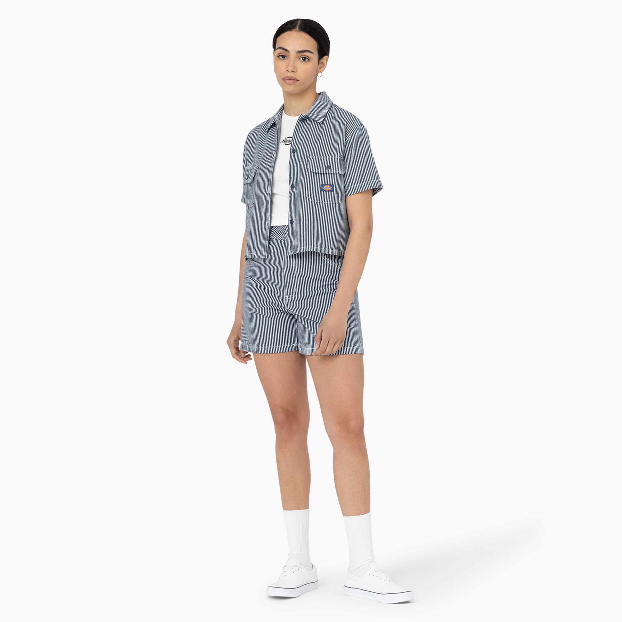 "Women's Hickory Stripe Cropped Work Shirt"