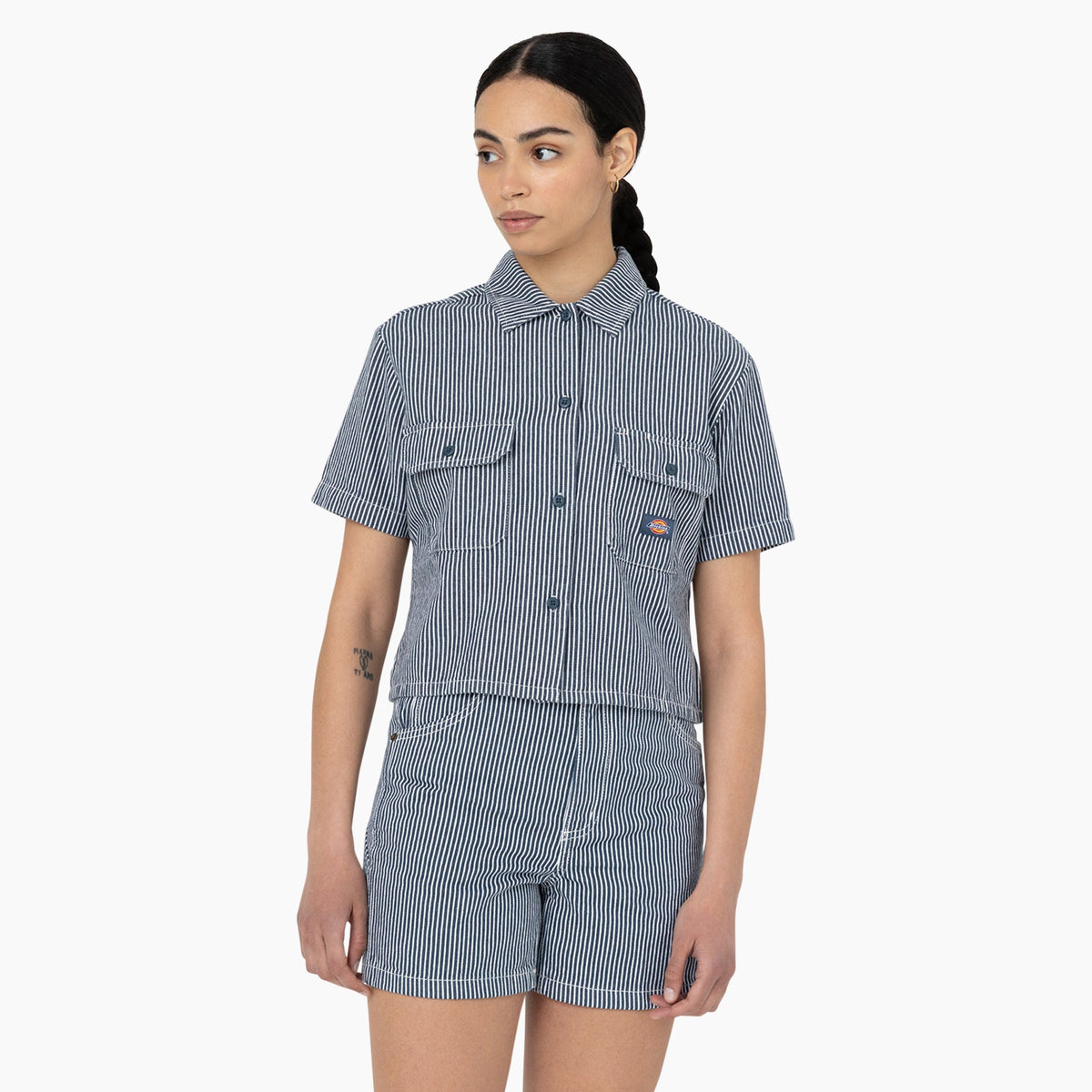 "Women's Hickory Stripe Cropped Work Shirt"