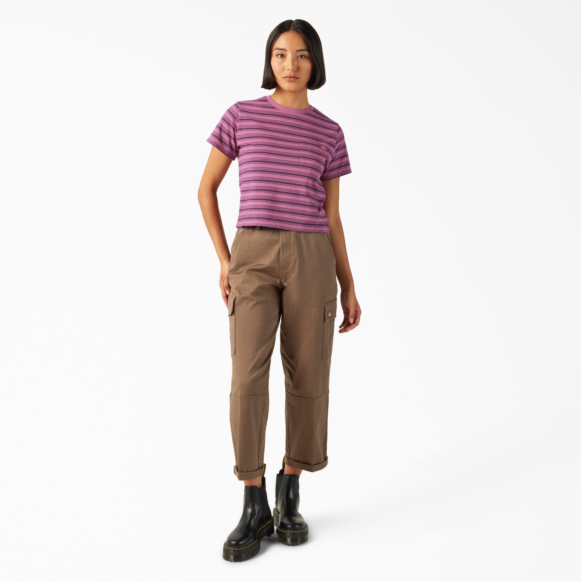 "Women's Large Striped Cropped Pocket T-Shirt"