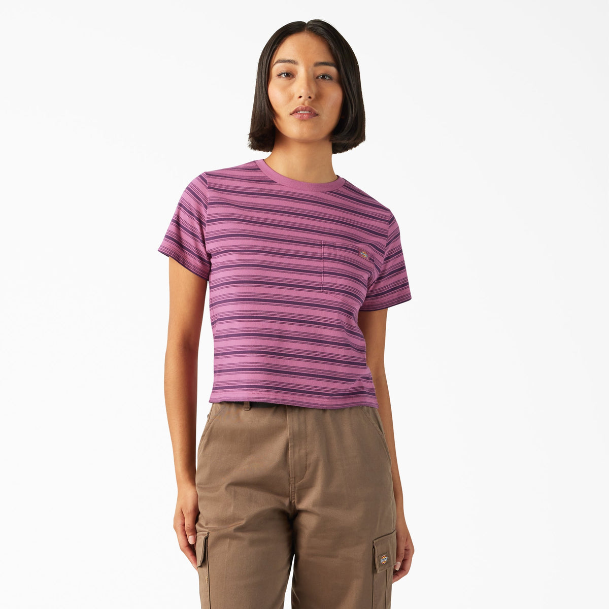 "Women's Large Striped Cropped Pocket T-Shirt"