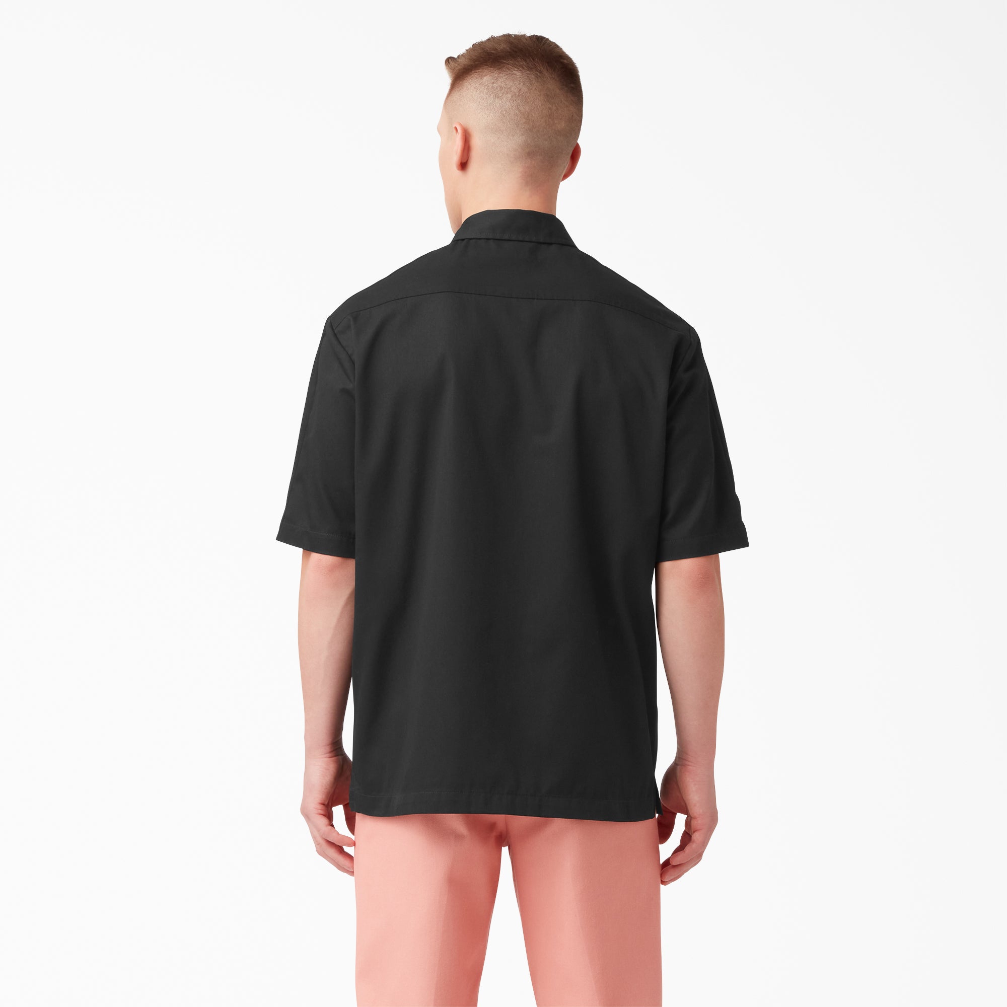 "Mixed Media Zip Front Short Sleeve Work Shirt"