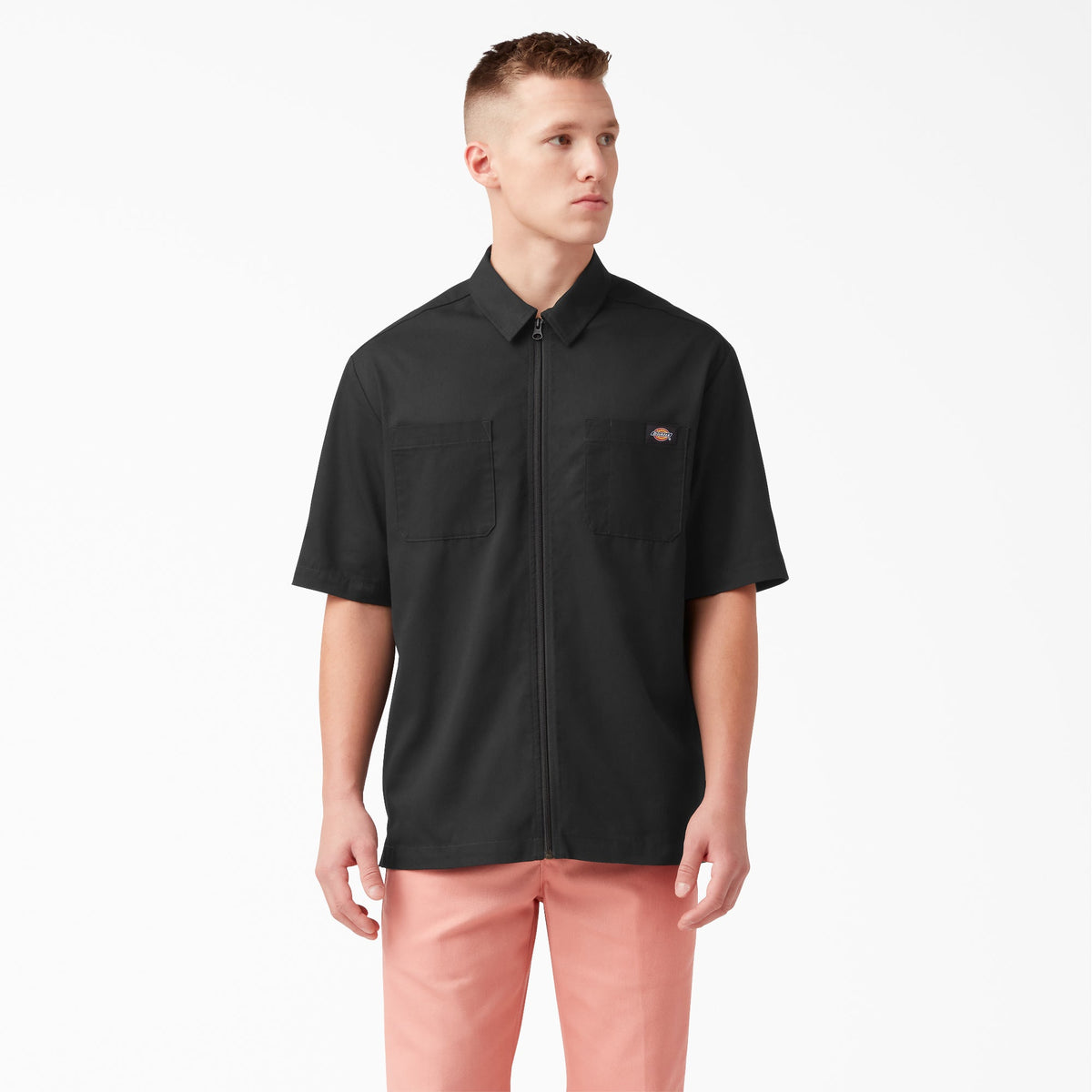 "Mixed Media Zip Front Short Sleeve Work Shirt"