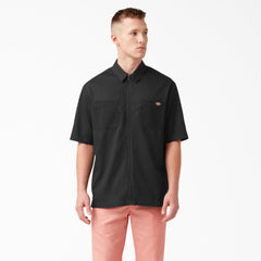 "Mixed Media Zip Front Short Sleeve Work Shirt"