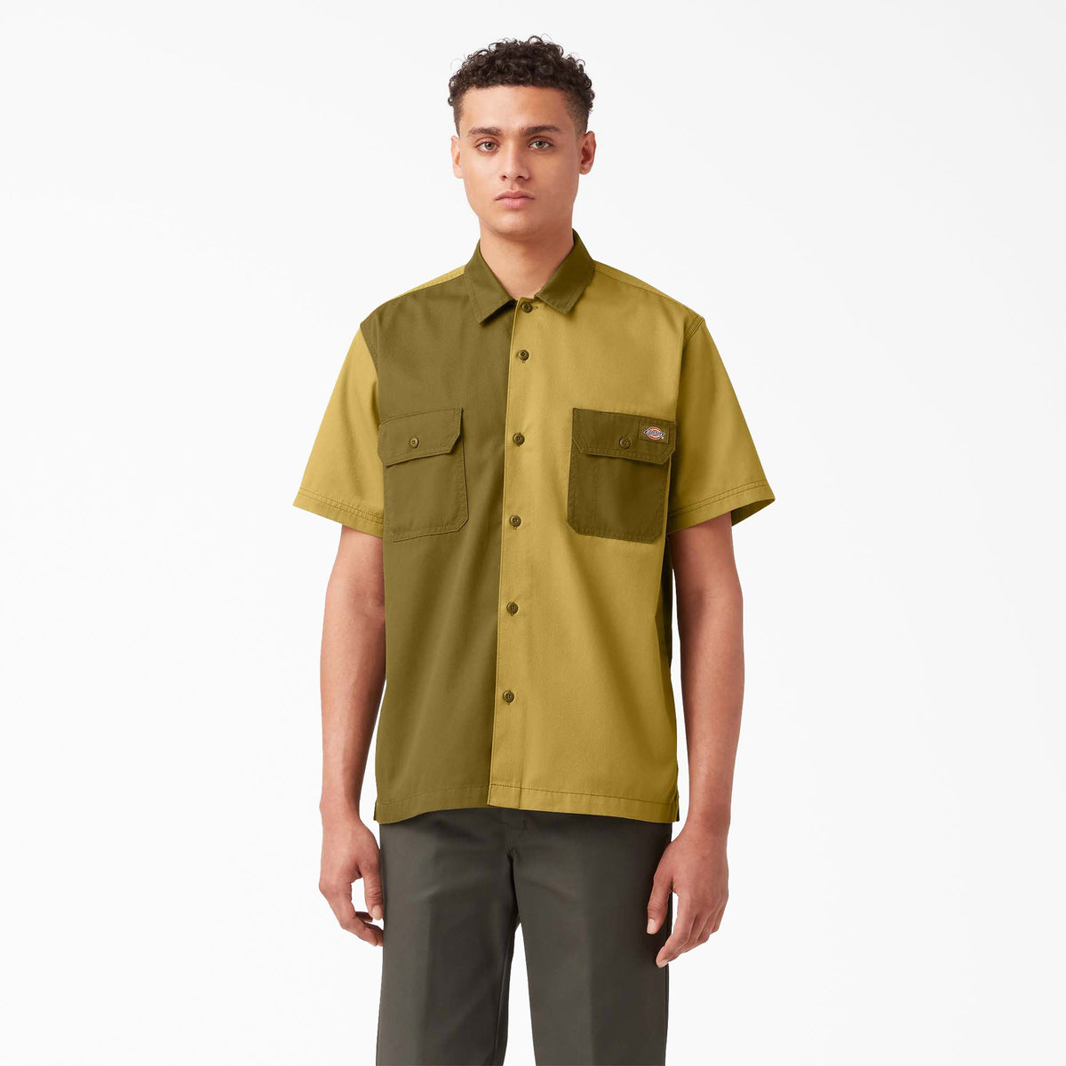 "Twill Button-Up Short Sleeve Work Shirt"