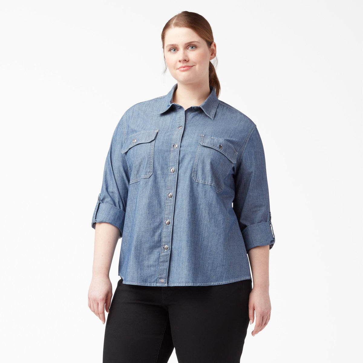 "Women's Plus Chambray Roll-Tab Work Shirt"