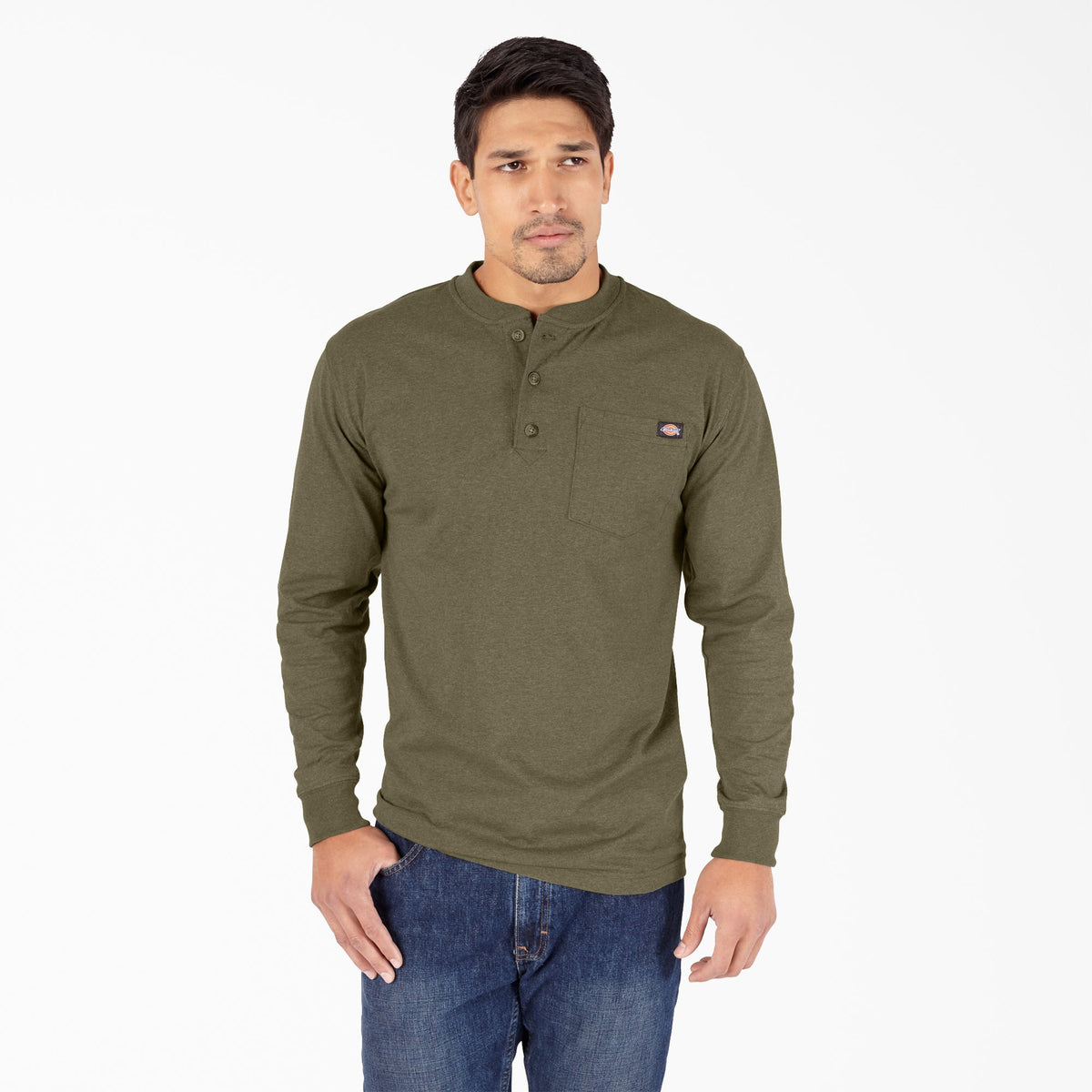 "Heavyweight Heathered Long Sleeve Henley T-Shirt"